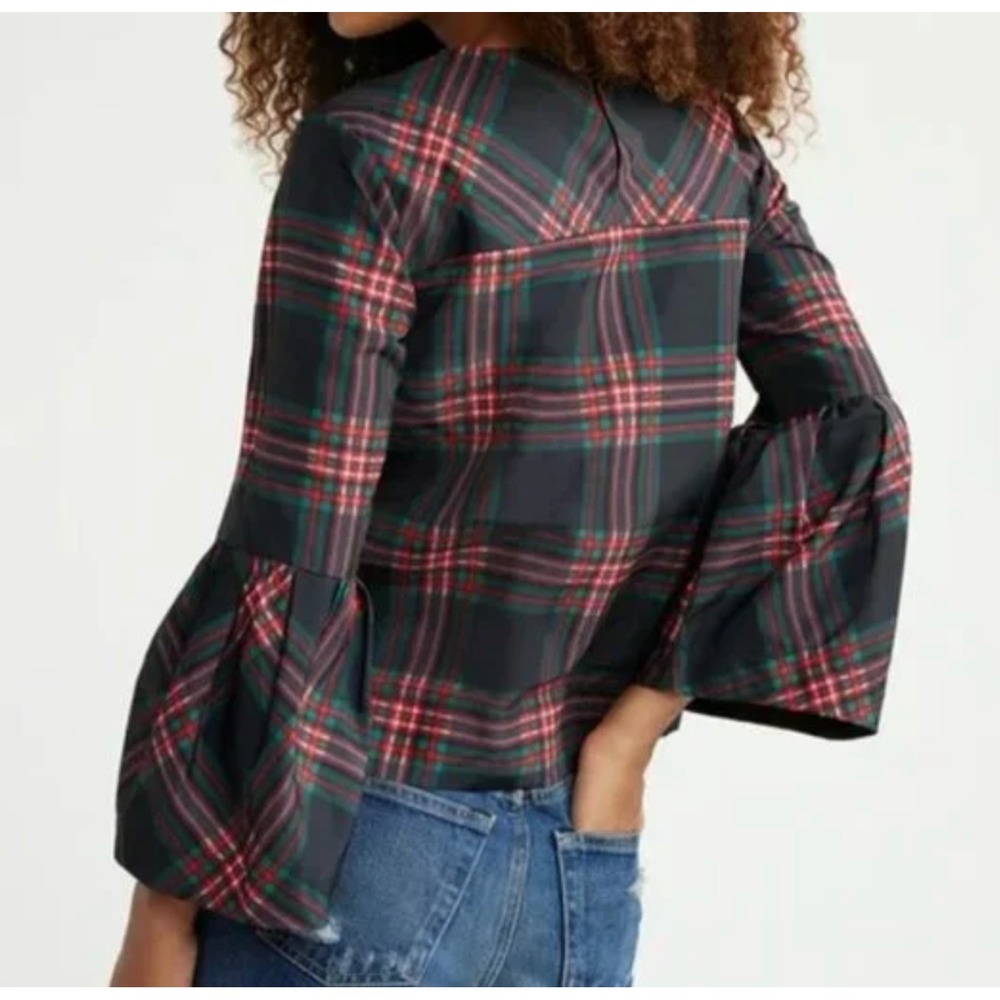 FREE ASSEMBLY Plaid Taffeta Top BELL SLEEVES Christmas Party Vibe RED/GREEN XXXL - Picture 2 of 5